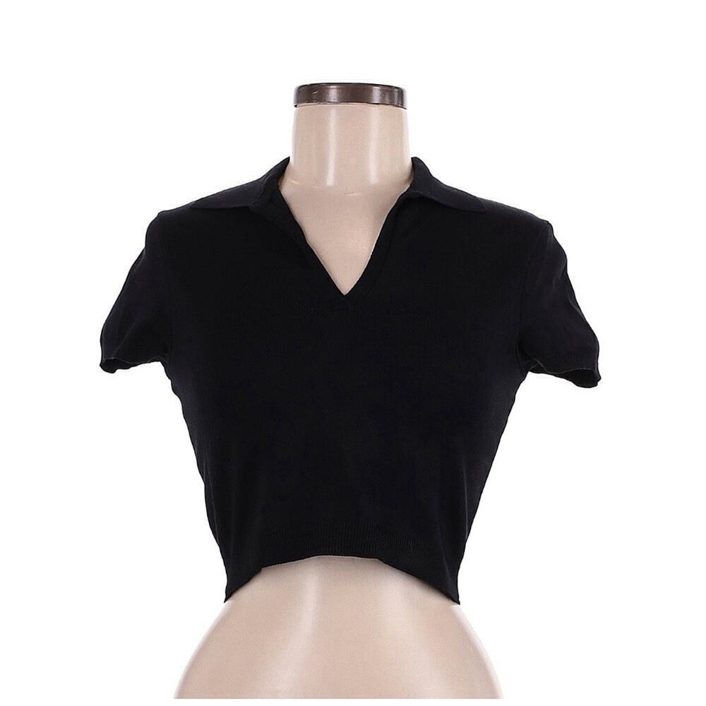 Ralph Lauren Collection Silk Knit Cropped Polo Top M Black Blouse Collared Vneck - Picture 1 of 4
